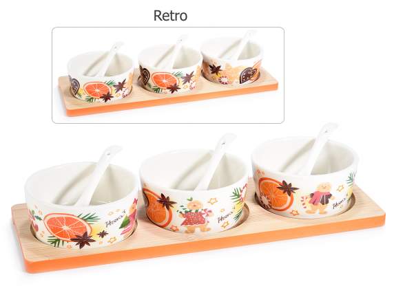 Set aperitivo con 3 coppette in ceramica su vassoio in legno